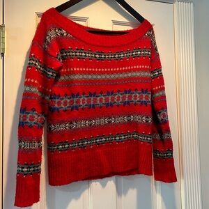 American Eagle Red Fair Isle Wool Blend Off The Shoulder Sweater